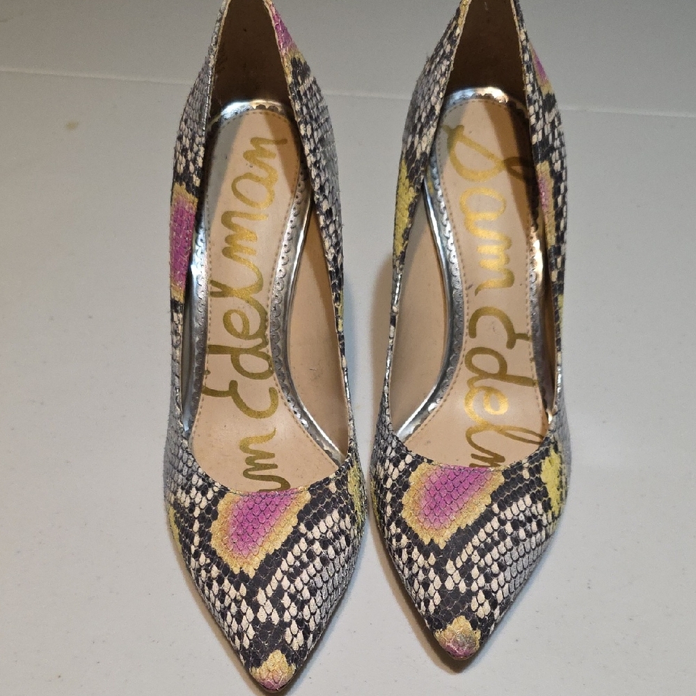 Sam Edelman Snake-Print Pointed Pumps with Pink & Yellow Accents